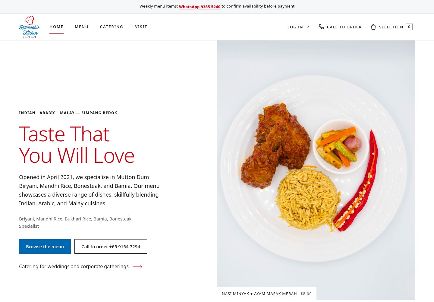 Food First home page: clean white layout, red headline “Taste That You Will Love”, a large plate photo filling the right half, and Browse the menu and Call to order buttons.