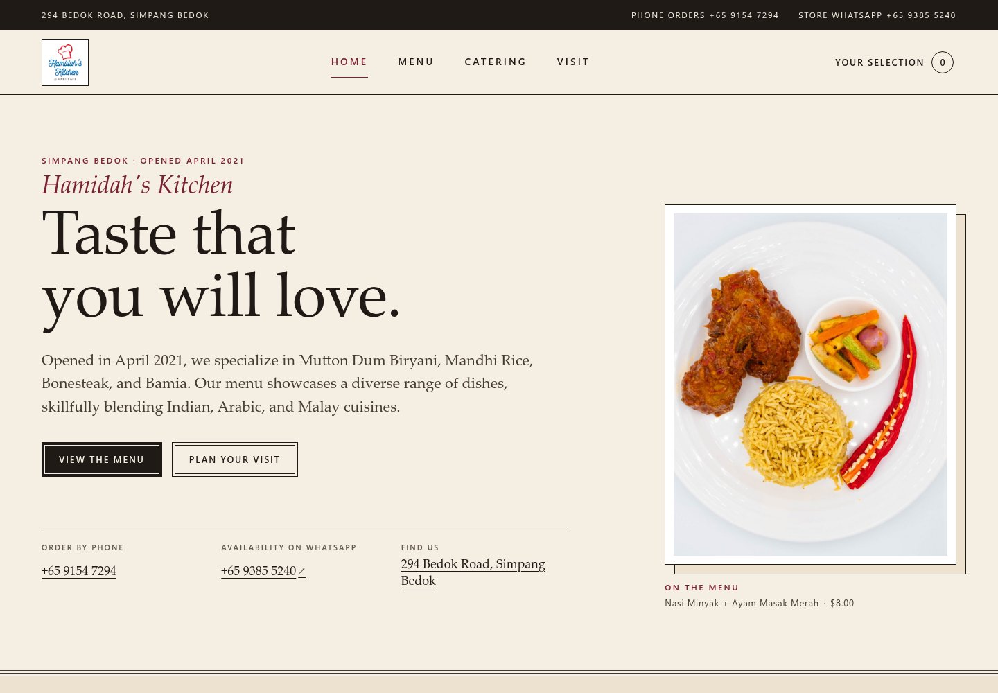 Neighbourhood Table home page: cream background, large serif headline “Taste that you will love”, and a framed photo of a nasi minyak plate.