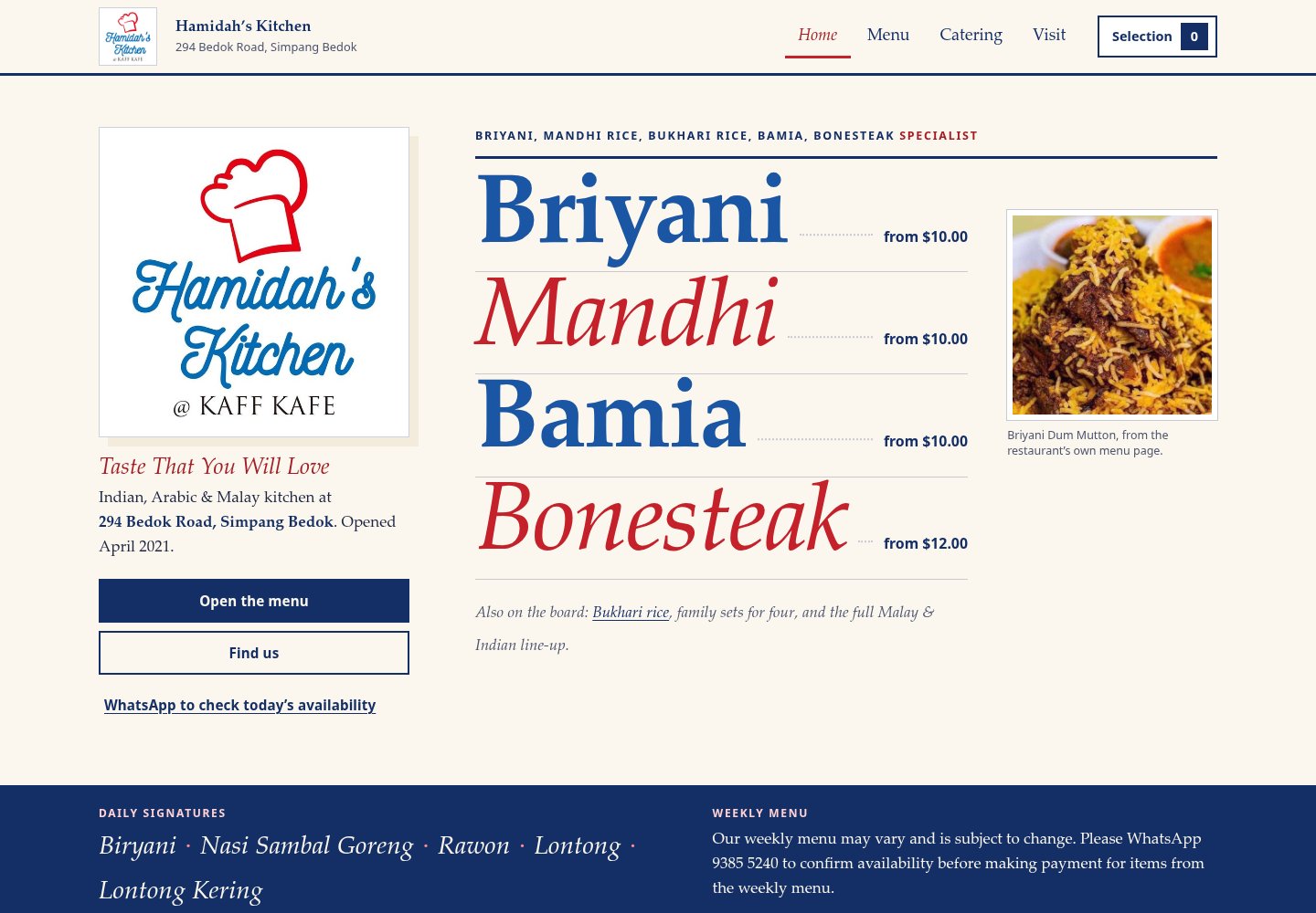 Simpang Kitchen home page: large logo on the left and a menu-board list of Briyani, Mandhi, Bamia and Bonesteak with starting prices, in navy and red.